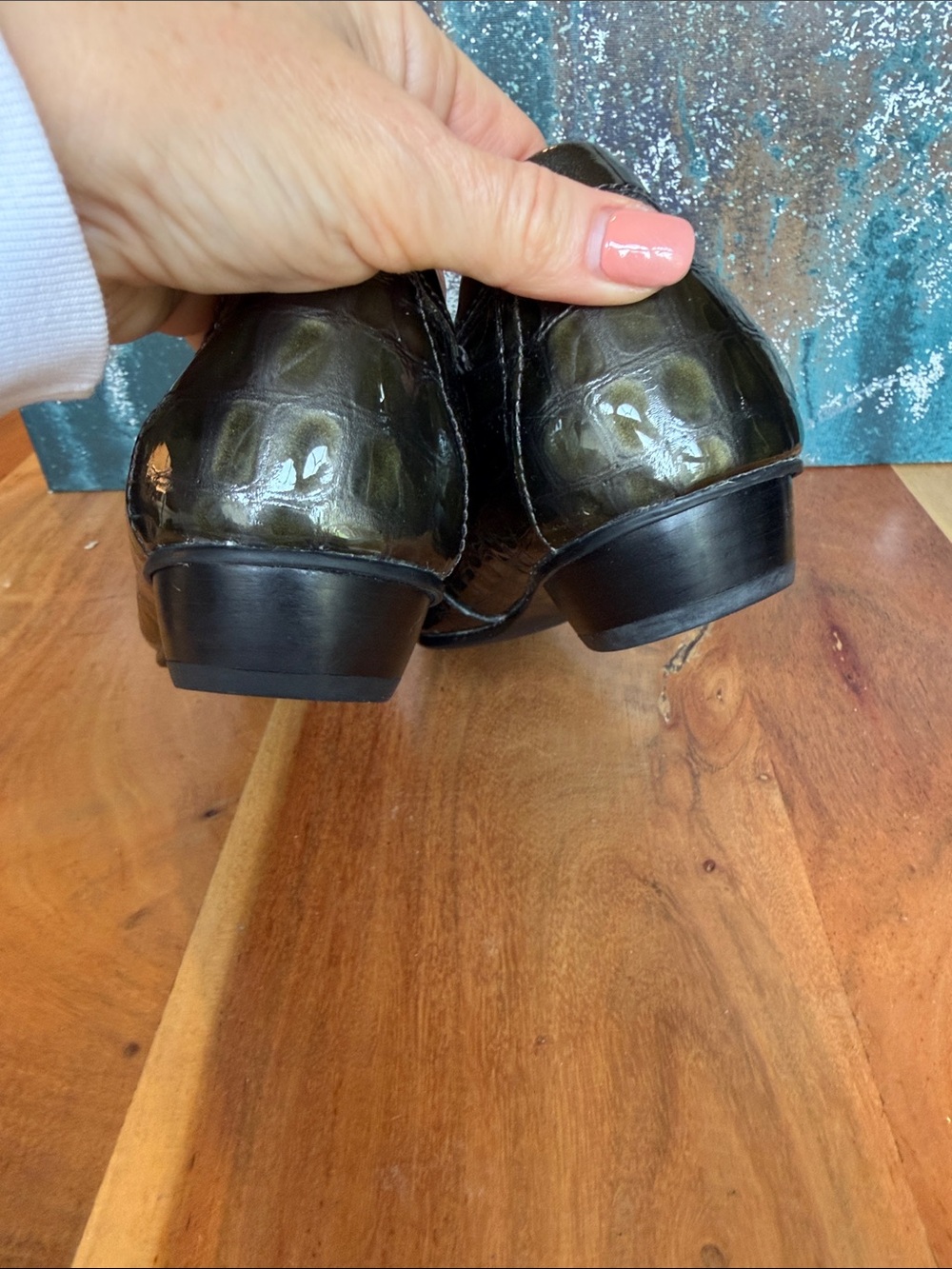 Clarks Old Money Late 2000’s Y2K Bottle Green Croc Leather Loafers 8N (VGUC) - Picture 9 of 13